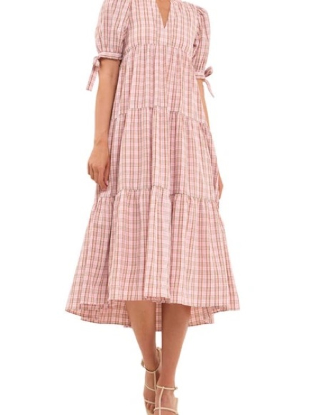 English Factory Pink Plaid Tiered Midi Dress